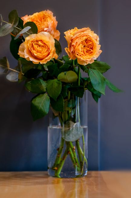 A tall, clear glass vase filled with fresh, peach-coloured roses with ruffled petals and rich green stems and leaves. The bouquet is arranged with four roses, some slightly open, showcasing their intr